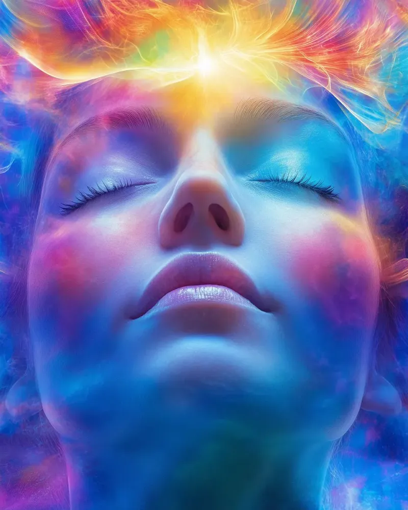 Femme méditant avec lignes d'énergies